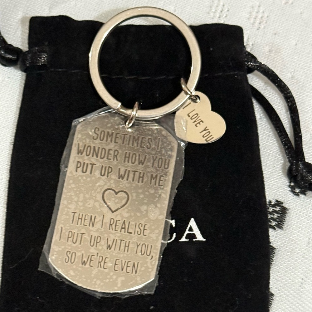 Engraved Silver Dog Tag Keychain with additional charm! New in packaging!